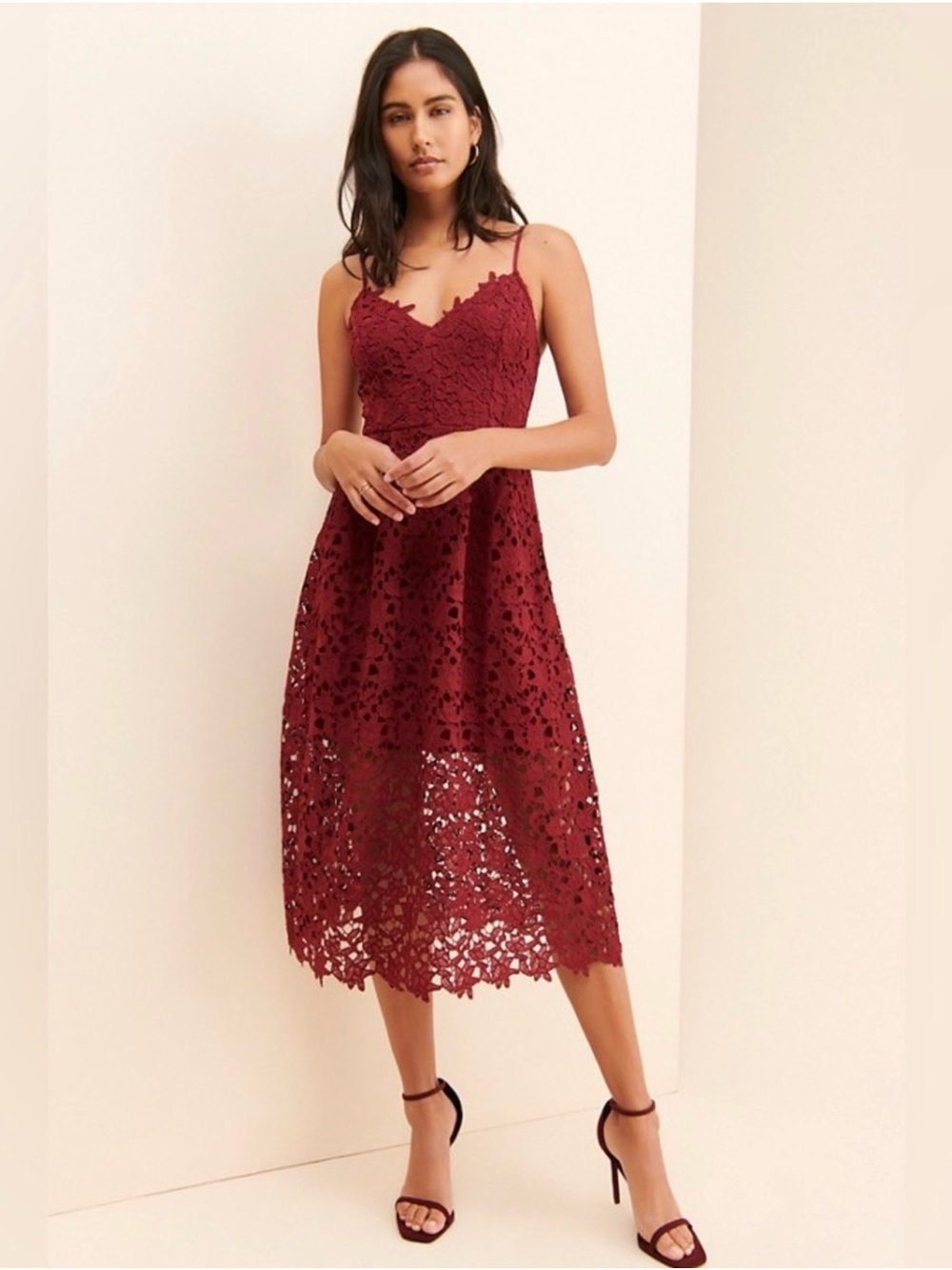 ASTR the label Red Lace V neck Midi